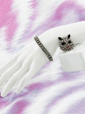 Crystal Cat Feline Crystal Broach Bracelet Glam Party Retro Jewelry 1960’s 60’s